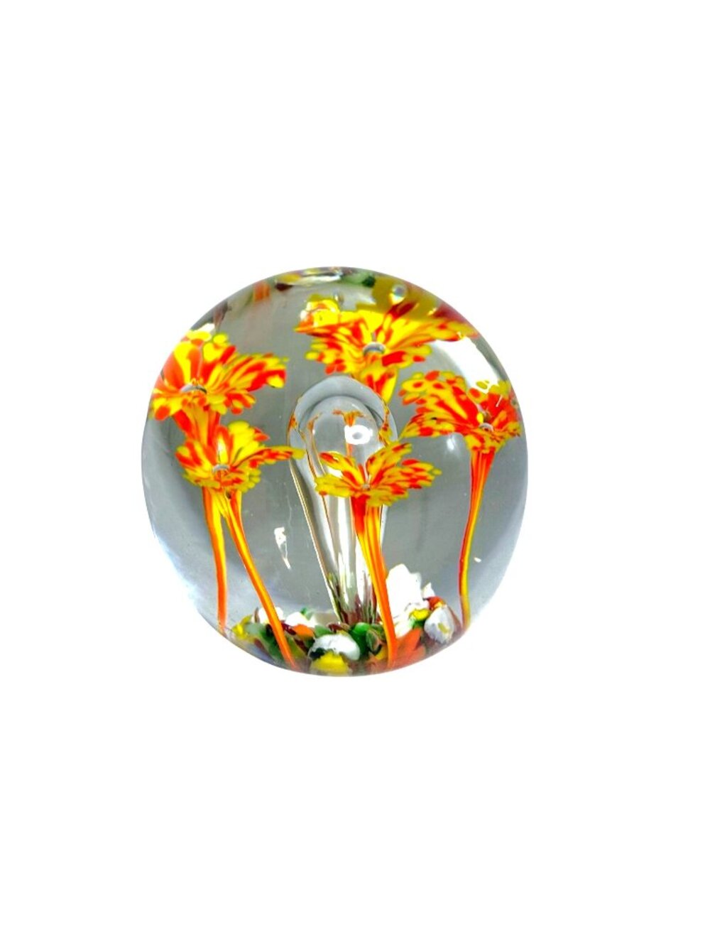 Handcrafted Glass Paperweight With Yellow & Orange Floral Design